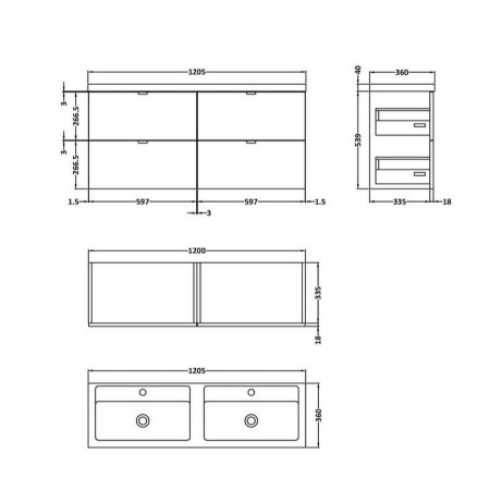 CBI532 Hudson Reed Fusion Wall Hung 1200mm Anthracite Woodgrain Twin Vanity Unit with Drawers (2)
