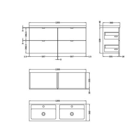 CBI432 Hudson Reed Fusion Wall Hung 1200mm Gloss Grey Mist Twin Vanity Unit with Drawers (2)