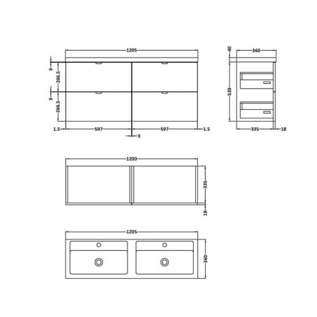 CBI932 Hudson Reed Fusion Wall Hung 1200mm Gloss Grey Twin Vanity Unit with Drawers (2)