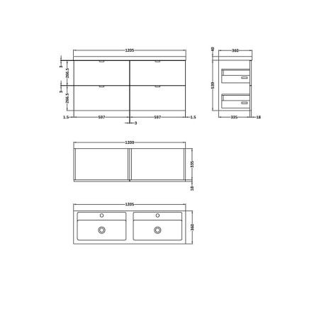 CBI132 Hudson Reed Fusion Wall Hung 1200mm Gloss White Twin Vanity Unit with Drawers (2)