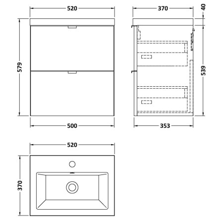 CBI541 Hudson Reed Fusion Wall Hung 500mm Anthracite Woodgrain Vanity Unit with Drawers Line Drawing