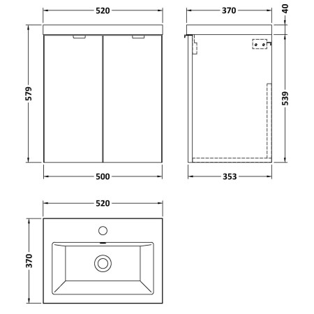 CBI640 Hudson Reed Fusion Wall Hung 500mm Charcoal Black Vanity Unit with Doors Line Drawing