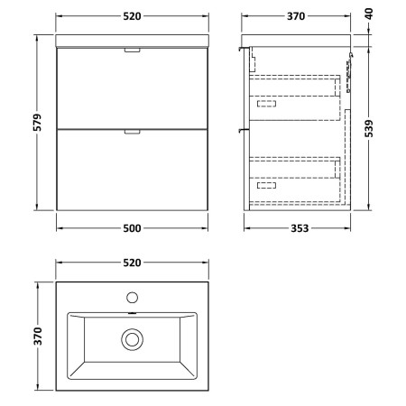 CBI641 Hudson Reed Fusion Wall Hung 500mm Charcoal Black Vanity Unit with Drawers Line Drawing