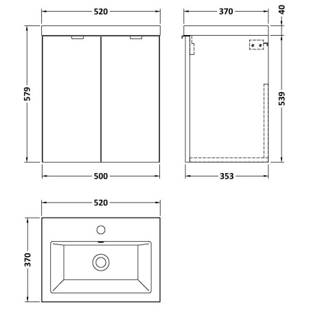 CBI940 Hudson Reed Fusion Wall Hung 500mm Gloss Grey Vanity Unit with Doors Line Drawing