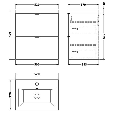 CBI941 Hudson Reed Fusion Wall Hung 500mm Gloss Grey Vanity Unit with Drawers Line Drawing