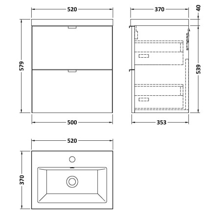 CBI141 Hudson Reed Fusion Wall Hung 500mm Gloss White Vanity Unit with Drawers Line Drawing