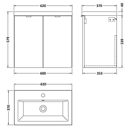 CBI636 Hudson Reed Fusion Wall Hung 600mm Charcoal Black Vanity Unit with Doors Line Drawing