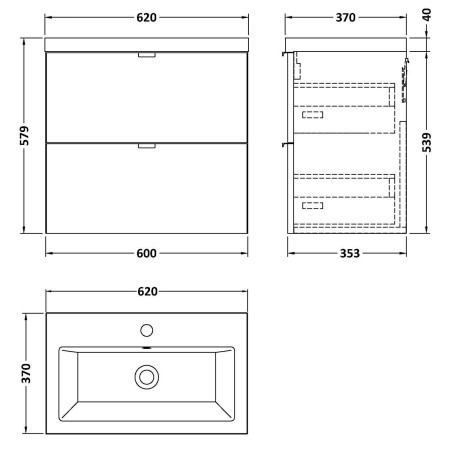 CBI630 Hudson Reed Fusion Wall Hung 600mm Charcoal Black Vanity Unit with Drawers Line Drawing