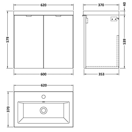 CBI936 Hudson Reed Fusion Wall Hung 600mm Gloss Grey Vanity Unit with Doors Line Drawing