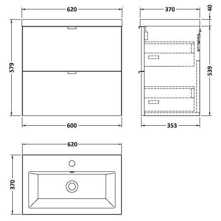 CBI930 Hudson Reed Fusion Wall Hung 600mm Gloss Grey Vanity Unit with Drawers Line Drawing