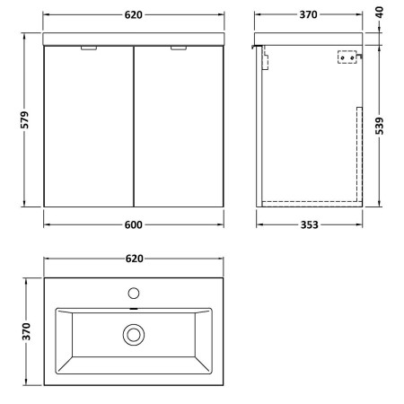 CBI136 Hudson Reed Fusion Wall Hung 600mm Gloss White Vanity Unit with Doors Line Drawing