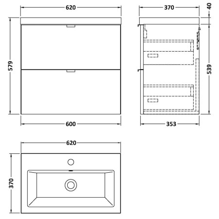 CBI130 Hudson Reed Fusion Wall Hung 600mm Gloss White Vanity Unit with Drawers Line Drawing