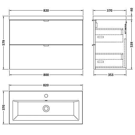 CBI531 Hudson Reed Fusion Wall Hung 800mm Anthracite Woodgrain Vanity Unit with Drawers Line Drawing