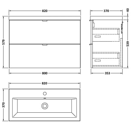 CBI931 Hudson Reed Fusion Wall Hung 800mm Gloss Grey Vanity Unit with Drawers Line Drawing