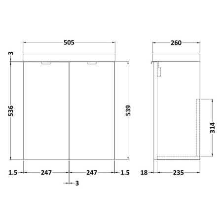 CBI638 Hudson Reed Fusion Wall Hung Slimline 500mm Vanity Unit in Charcoal Black Line Drawing