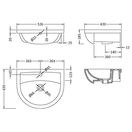 NCH305A Hudson Reed Harmony 500mm Semi Recessed Basin 1TH (3)