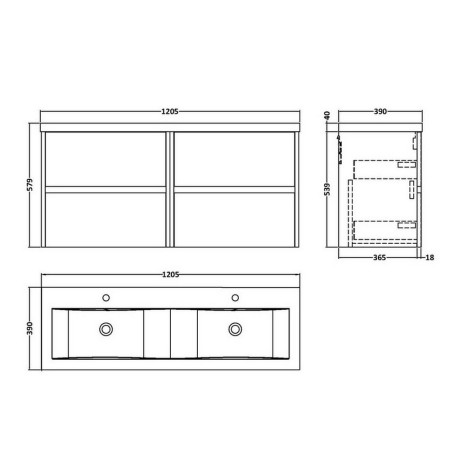 HAV804 Hudson Reed Havana 1200mm Wall Hung Vanity Unit in Autumn Oak Line Drawing