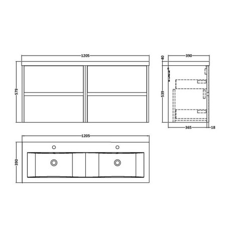 HAV2304 Hudson Reed Havana 1200mm Wall Hung Vanity Unit in Coastal Grey Line Drawing