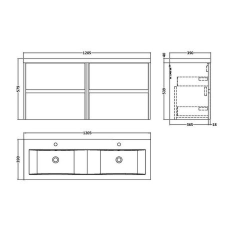 HAV2204 Hudson Reed Havana 1200mm Wall Hung Vanity Unit in Graphite Grey Line Drawing