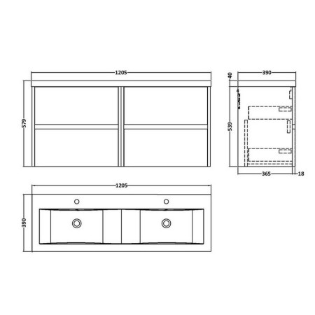 HAV2604 Hudson Reed Havana 1200mm Wall Hung Vanity Unit in Metallic Slate Line Drawing
