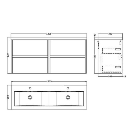 HAV2904 Hudson Reed Havana 1200mm Wall Hung Vanity Unit in Midnight Blue Line Drawing