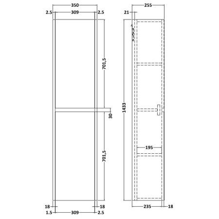 NPH2362 Hudson Reed Havana 350mm Wall Hung Tallboy Unit in Coastal Grey Line Drawing