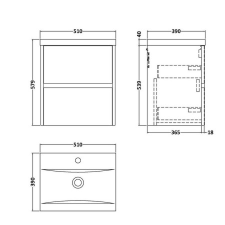 HAV802 Hudson Reed Havana 500mm Wall Hung Vanity Unit in Autumn Oak Line Drawing