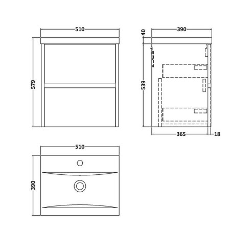 HAV2302 Hudson Reed Havana 500mm Wall Hung Vanity Unit in Coastal Grey Line Drawing