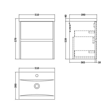 HAV2202 Hudson Reed Havana 500mm Wall Hung Vanity Unit in Graphite Grey Line Drawing