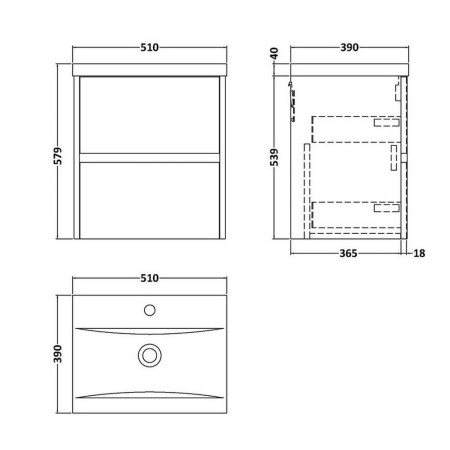 HAV2602 Hudson Reed Havana 500mm Wall Hung Vanity Unit in Metallic Slate Line Drawing