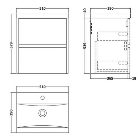 HAV2902 Hudson Reed Havana 500mm Wall Hung Vanity Unit in Midnight Blue Line Drawing