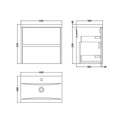 HAV804 Hudson Reed Havana 600mm Wall Hung Vanity Unit in Autumn Oak Line Drawing
