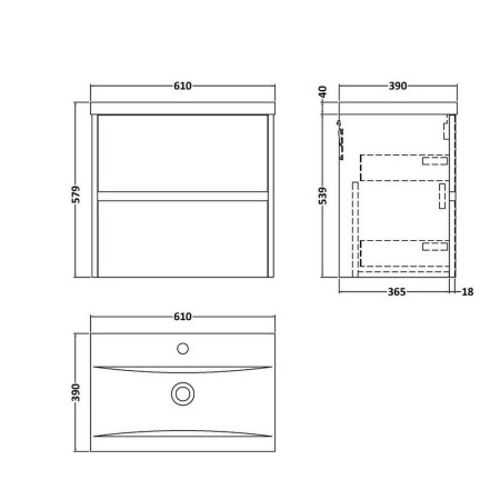 HAV2304 Hudson Reed Havana 600mm Wall Hung Vanity Unit in Coastal Grey Line Drawing