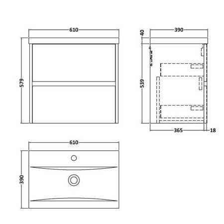 HAV2204 Hudson Reed Havana 600mm Wall Hung Vanity Unit in Graphite Grey Line Drawing