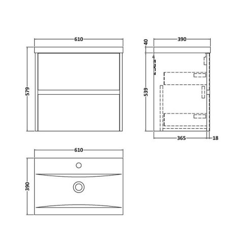 HAV2604 Hudson Reed Havana 600mm Wall Hung Vanity Unit in Metallic Slate Line Drawing