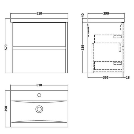 HAV2904A Hudson Reed Havana 600mm Wall Hung Vanity Unit in Midnight Blue Line Drawing