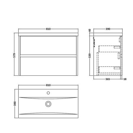 HAV806 Hudson Reed Havana 800mm Wall Hung Vanity Unit in Autumn Oak Line Drawing