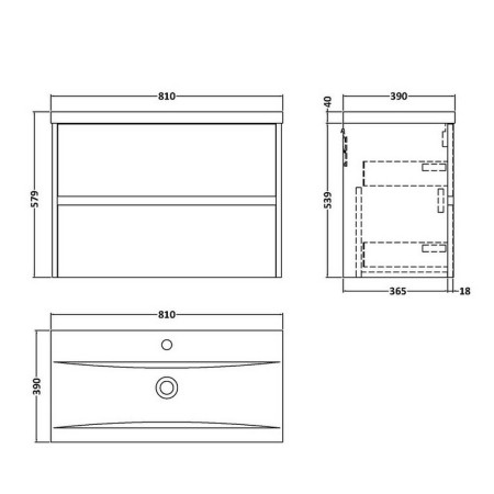 HAV2306 Hudson Reed Havana 800mm Wall Hung Vanity Unit in Coastal Grey Line Drawing