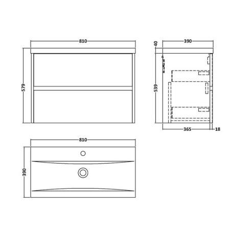 HAV2206 Hudson Reed Havana 800mm Wall Hung Vanity Unit in Graphite Grey Line Drawing