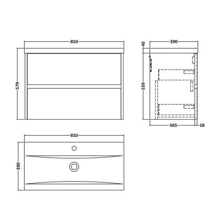 HAV2606 Hudson Reed Havana 800mm Wall Hung Vanity Unit in Metallic Slate Line Drawing