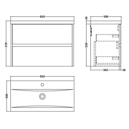 HAV2906 Hudson Reed Havana 800mm Wall Hung Vanity Unit in Midnight Blue Line Drawing