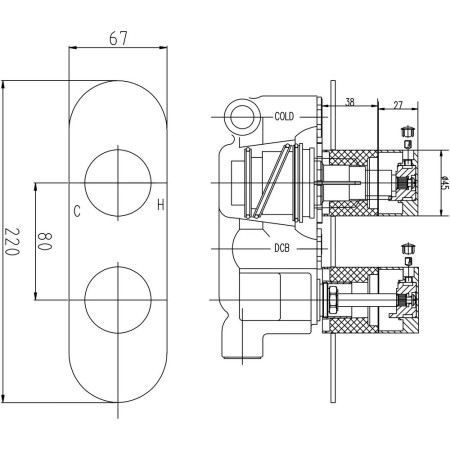 RND3207 Hudson Reed Indus Thermostatic Twin Shower Valve with Diverter Line Drawing