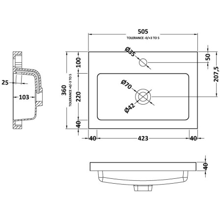 PMB312 Hudson Reed Jewel 500mm Rear Tap Polymarble Basin 1TH Line Drawing