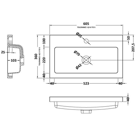 PMB313 Hudson Reed Jewel 600mm Rear Tap Polymarble Basin 1TH Line Drawing