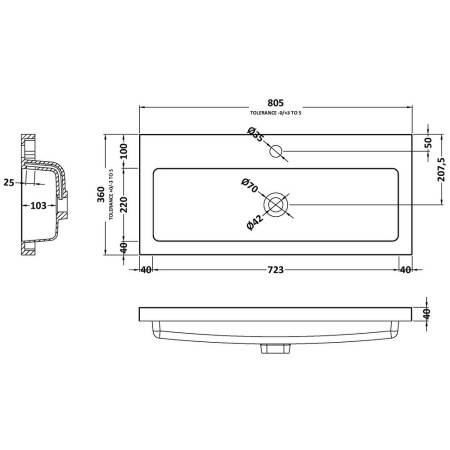 PMB315 Hudson Reed Jewel 800mm Rear Tap Polymarble Basin 1TH Line Drawing