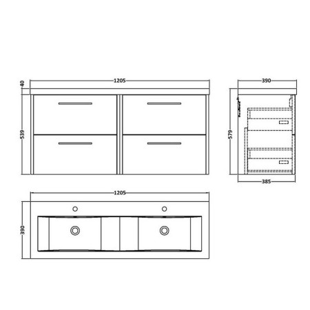 JNU2624 Hudson Reed Juno 1200mm Four Drawer Twin Cabinet and Basin Metallic Slate Line Drawing