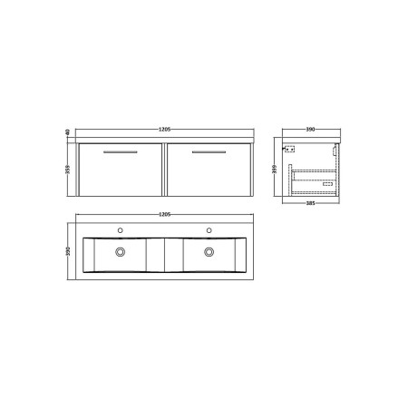 JNU2622 Hudson Reed Juno 1200mm Two Drawer Twin Cabinet and Basin Metallic Slate Line Drawing