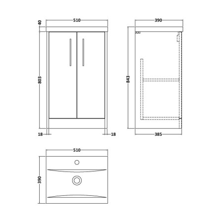 JNU2601 Hudson Reed Juno 500mm Floorstanding Vanity Unit Metallic Slate Line Drawing