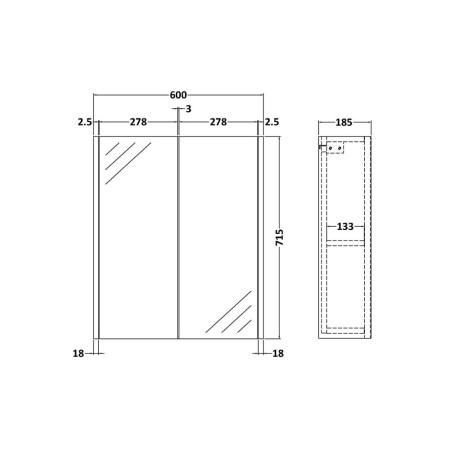 NPF2617 Hudson Reed Juno 600mm Mirror Unit Metallic Slate Line Drawing