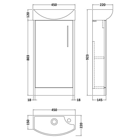 JNU2621 Hudson Reed Juno Compact Floor Standing 440mm Metallic Slate Cabinet and Basin Line Drawing